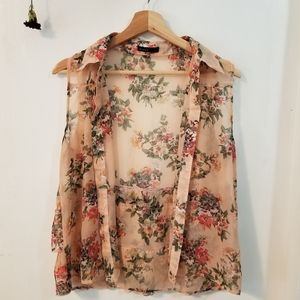 Sleeveless Floral Sheer Ruffled Cardigan